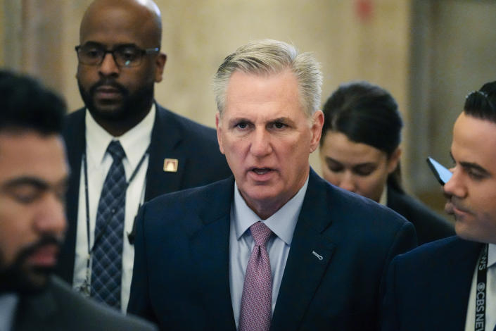 House Republican Leader Kevin McCarthy, R-Calif., arrives as the House meets for the fourth day to elect a speaker and convene the 118th Congress in Washington, Friday, Jan. 6, 2023. (AP Photo/Matt Rourke)