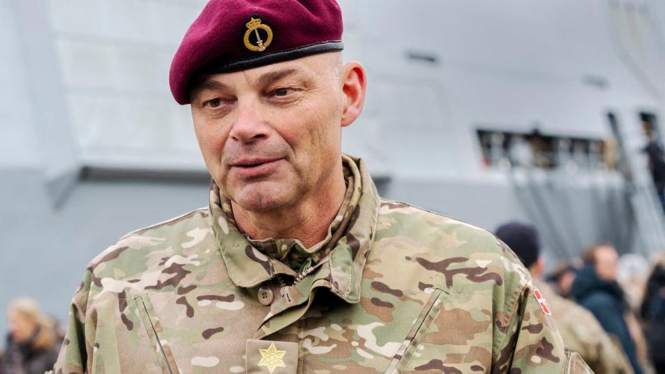 The head of Denmark's special operations command, Maj. Gen. Michael Wiggers Hyldgaard, stands as the frigate Iver Huitfeldt arrives in Korsør, Denmark, on April 4, 2024. (Ida Marie Odgaard/Ritzau Scanpix/AFP via Getty Images)