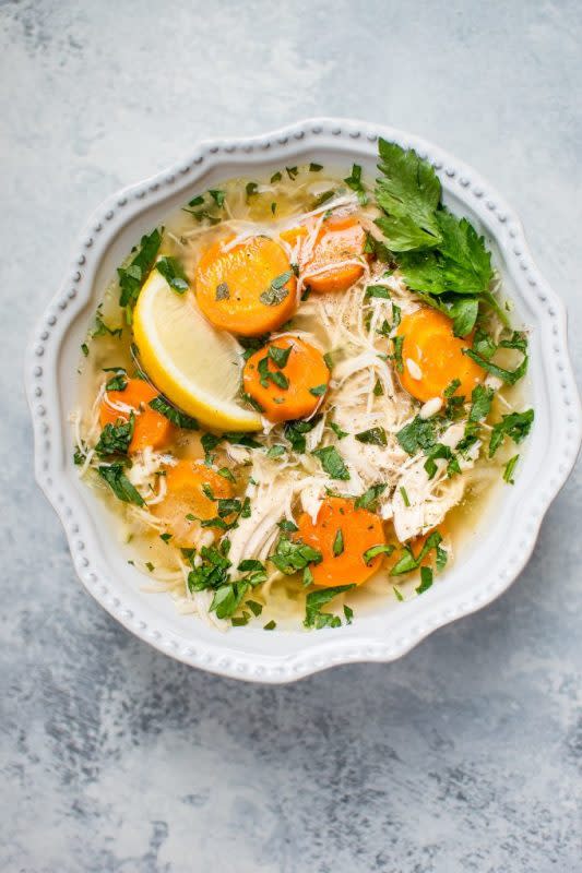 <p>Salt and Lavender</p><p>The vitamin C from the lemon in this soup will cure whatever ails you. </p><p><strong>Get the recipe: <a href="https://www.saltandlavender.com/crockpot-lemon-chicken-orzo-soup/" rel="nofollow noopener" target="_blank" data-ylk="slk:Crock Pot Lemon Chicken Orzo Soup;elm:context_link;itc:0;sec:content-canvas" class="link rapid-noclick-resp">Crock Pot Lemon Chicken Orzo Soup</a></strong></p>