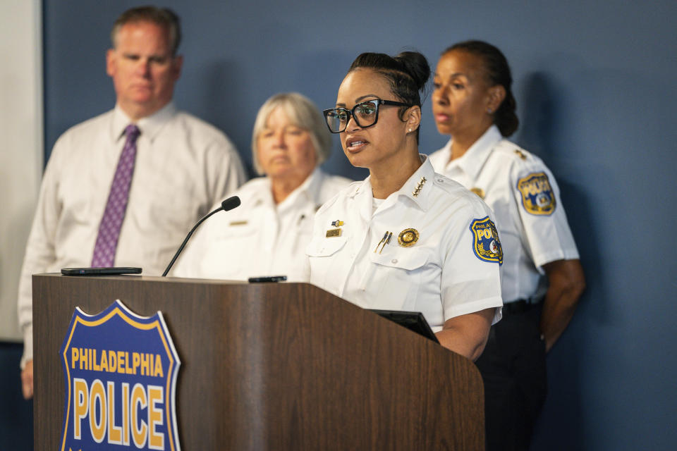 Philadelphia Police Commissioner Danielle Outlaw speaks during a news conference, Wednesday, Aug. 16, 2023, in Philadelphia. Police have changed their account of a fatal shooting by a Philadelphia officer on Monday, Aug. 14, acknowledging that the person was shot inside the car rather than outside and no longer saying that he fled a traffic stop and later “lunged at” at police with a knife. (Jessica Griffin/The Philadelphia Inquirer via AP)