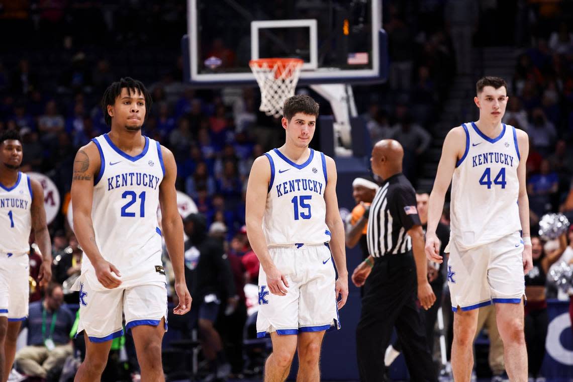 Kentucky freshmen D.J. Wagner, left, Reed Sheppard, center and Zvonimir Ivisic were all still undecided on their futures for next season when it became clear that Mark Pope would be the Wildcats’ next coach.