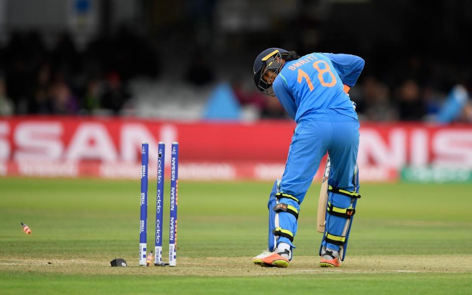 India batter Smrtri Mandhana is bowled for 0 - Credit: Getty