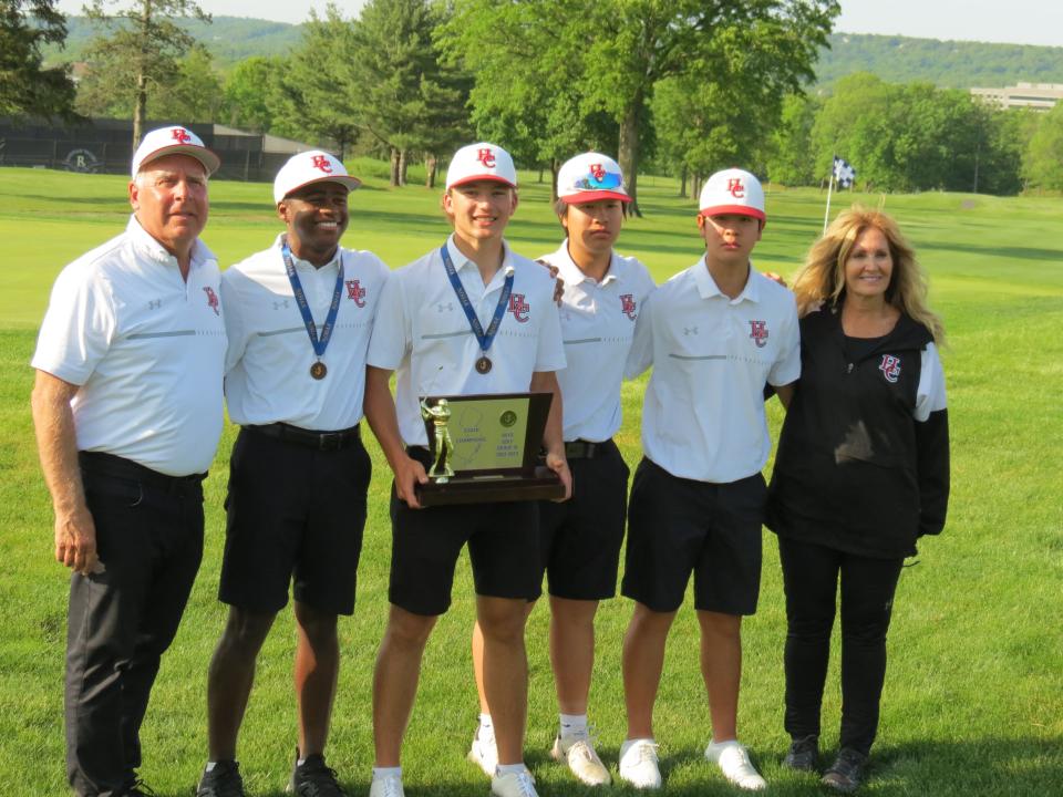 Hunterdon Central wins the State Group 4 boys golf title, and unofficial Tournament of Champions crown, at the NJSIAA State Boys Golf Championship at Raritan Valley CC in Bridgewater on Monday, May 15, 2023: From left: Coach Chris Gacos, Isaiah Williams, Zach Fisher, Jeff Yong, Alex Yong, and Fran Gacos.