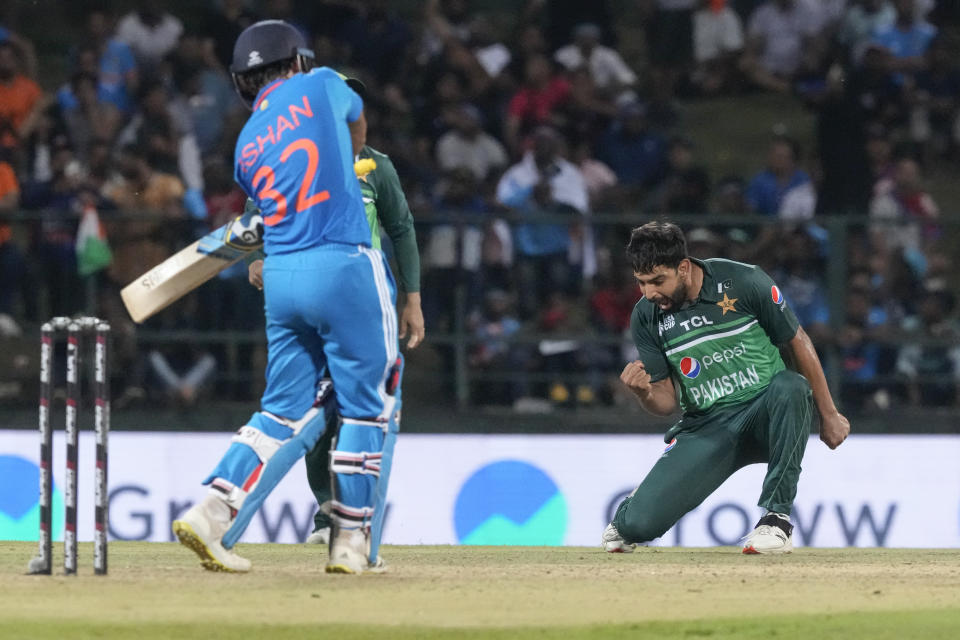 Pakistan's Haris Rauf celebrates the wicket of India's Ishan Kishan during the Asia Cup cricket match between India and Pakistan in Pallekele, Sri Lanka on Saturday, Sep. 2. (AP Photo/Eranga Jayawardena)