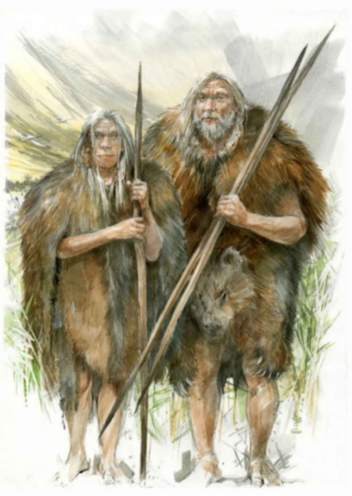 An artist’s depiction of early humans wearing cave bear skin ponchos for protection from the elements.