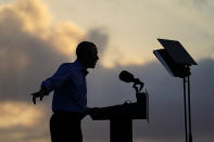 Former President Barack Obama speaks at Citizens Bank Park as he campaigns for Democratic presidential candidate former Vice President Joe Biden, Wednesday, Oct. 21, 2020, in Philadelphia. (AP Photo/ Matt Slocum)