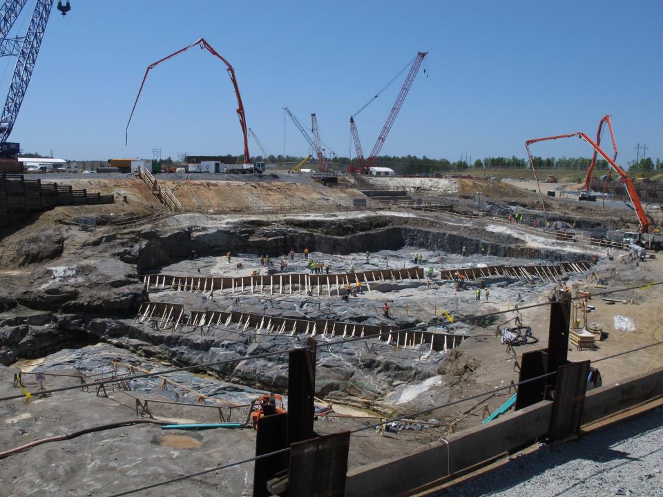 Dozens of construction workers prepare the site where one of two new nuclear reactors will be built at the V.C. Summer Nuclear Station in Jenkinsville, S.C. on Monday, April 9, 2012. SCE&G and Santee Cooper are jointly operating the reactors, hoping to open one in 2017 and the second in 2018. (AP Photo/Jeffrey Collins)