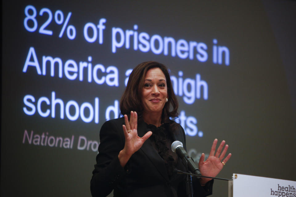Then-California Attorney General Kamala Harris discusses the first statewide statistics on the elementary school truancy crisis during a symposium featuring officials in law enforcement, education and public policy on Sept. 30, 2013, in Los Angeles. (Photo: Bethany Mollenkof/Los Angeles Times/Getty Images)
