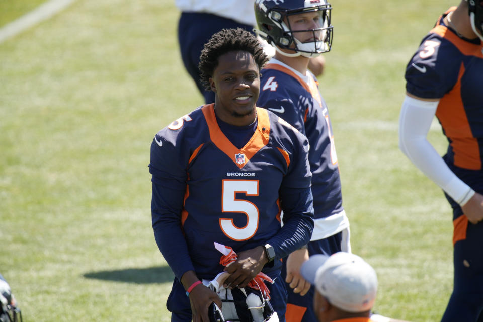 Denver Broncos quarterback Teddy Bridgewater takes part in drills during a mandatory minicamp at the NFL team's training headquarters Tuesday, June 15, 2021, in Englewood, Colo. (AP Photo/David Zalubowski)