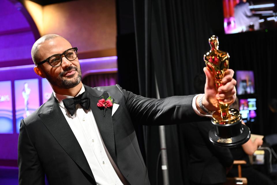 Cord Jefferson accepts the award for best adapted screenplay for "American Fiction" backstage at the 96th Oscars at the Dolby Theatre at Ovation Hollywood in Los Angeles on March 10, 2024.