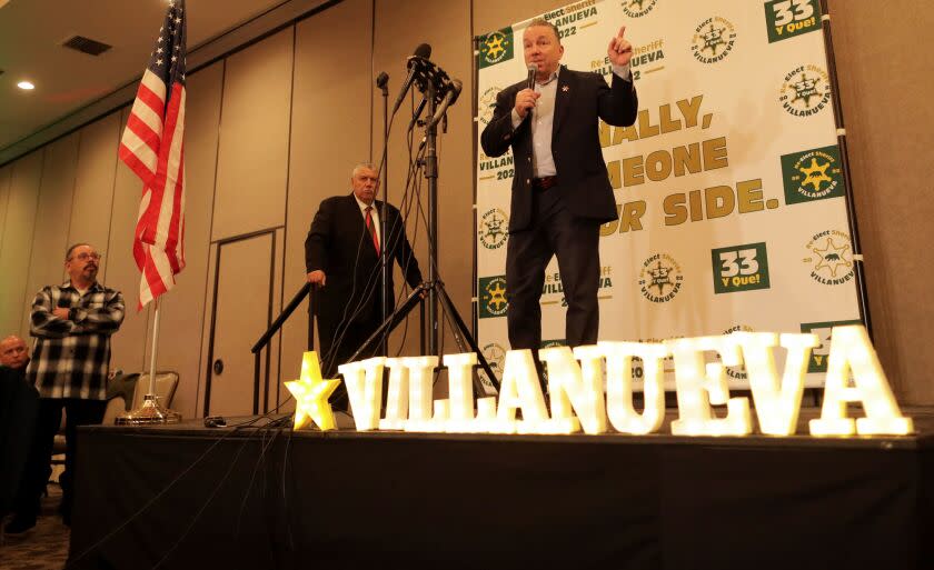 Los Angeles, CA - November 08: Sheriff Alex Villanueva speaks to supporters telling them not to get caught up in the early results during an election night rally on Tuesday, Nov. 8, 2022 in Los Angeles, CA. (Myung Chun / Los Angeles Times)