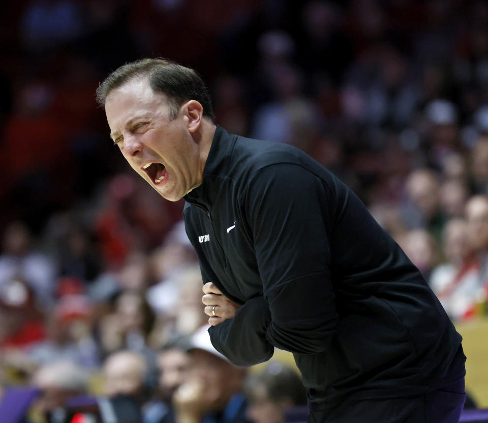 FILE - New Mexico head coach Richard Pitino reacts during the first half of an NCAA college basketball game against Colorado State, Wednesday, Feb. 21, 2024, in Albuquerque, N.M. Pitino said. "The better everybody's doing with NET rankings and KenPom and all those things, it just helps it. It'll be fun to see how it all plays out and it will certainly make for an amazing Mountain West tournament." (AP Photo/Eric Draper, File)