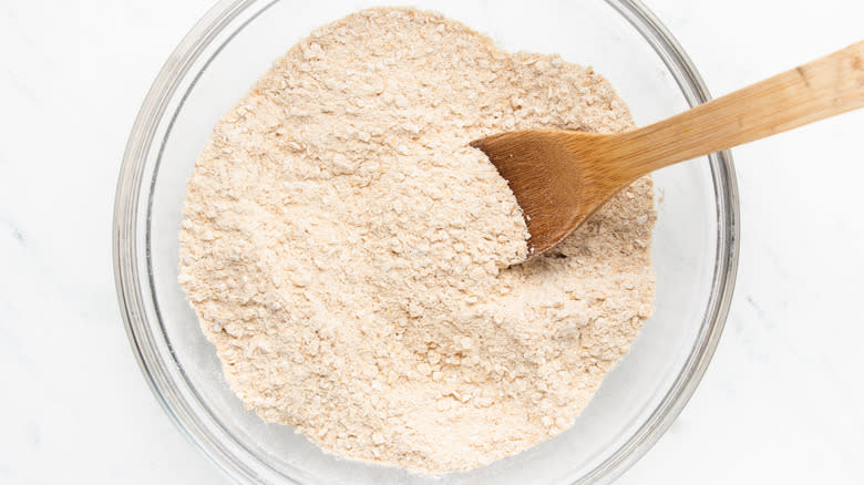 Flour and oat mixture in mixing bowl