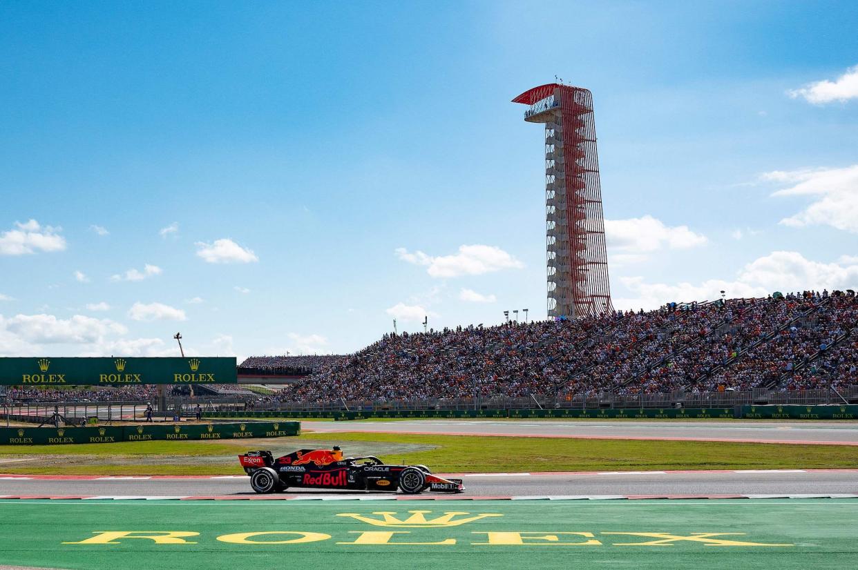 Red Bull's Dutch driver Max Verstappen races during the Formula One United States Grand Prix at the Circuit of The Americas in Austin, Texas