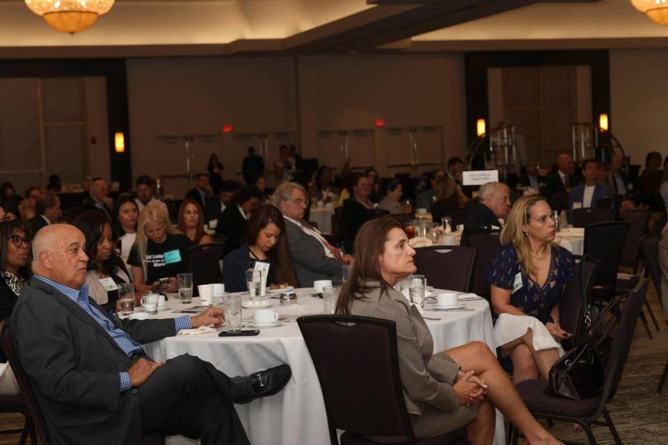 People attend a Greater Miami Chamber of Commerce luncheon to listen to South Florida higher education leaders talk about adjusting to a post-pandemic world on Wednesday, April 5, 2023, at the Jungle Island Bloom Ballroom.