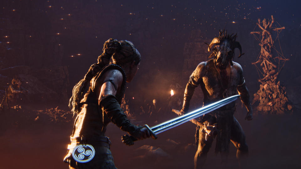 A swordfight encounter between Senua and a Draugar enemy in Senuas Saga Hellblade 2