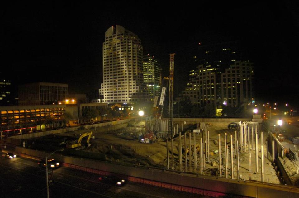 Piles are in the process of being driven into the ground at the constrution site for a 53-story condominium project at the corner of Third Street and Capitol Mall in 2006. The project was eventually abandoned.