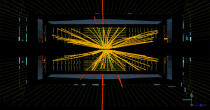 Real CMS proton-proton collisions events at the Large Hadron Collider in which 4 high energy electrons (red towers) are observed. The event shows characteristics expected from the decay of a Higgs boson but is also consistent with background St