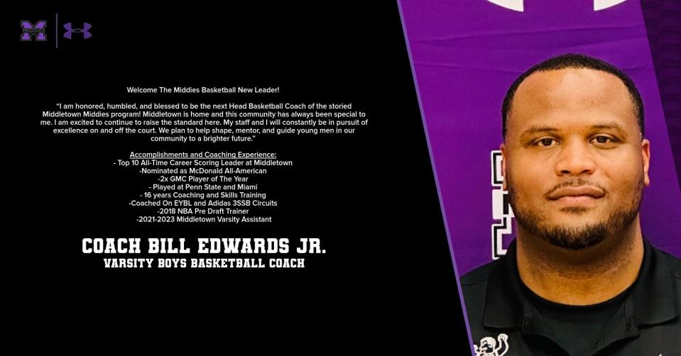 Bill Edwards Jr., a 2009 Middletown graduate, was named the Middies' new head basketball coach on Friday, March 31, 2023.