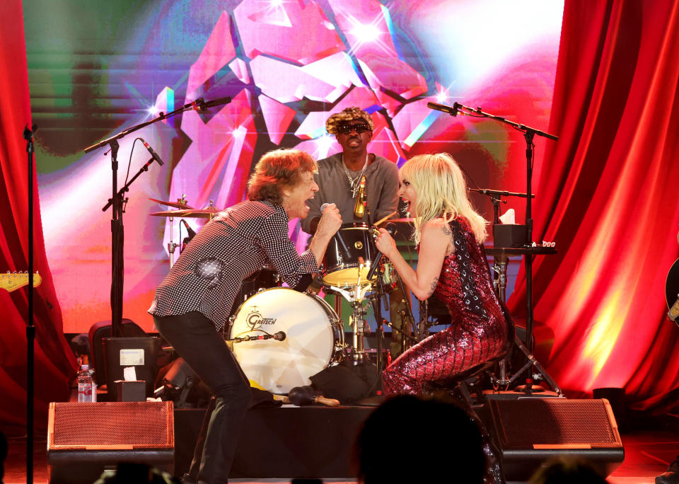 NEW YORK, NEW YORK - OCTOBER 19:  (Exclusive Coverage) Mick Jagger and Lady Gaga perform during The Rolling Stones surprise set in celebration of their new album “Hackney Diamonds” at Racket NYC on October 19, 2023 in New York City. (Photo by Kevin Mazur/Getty Images for RS)