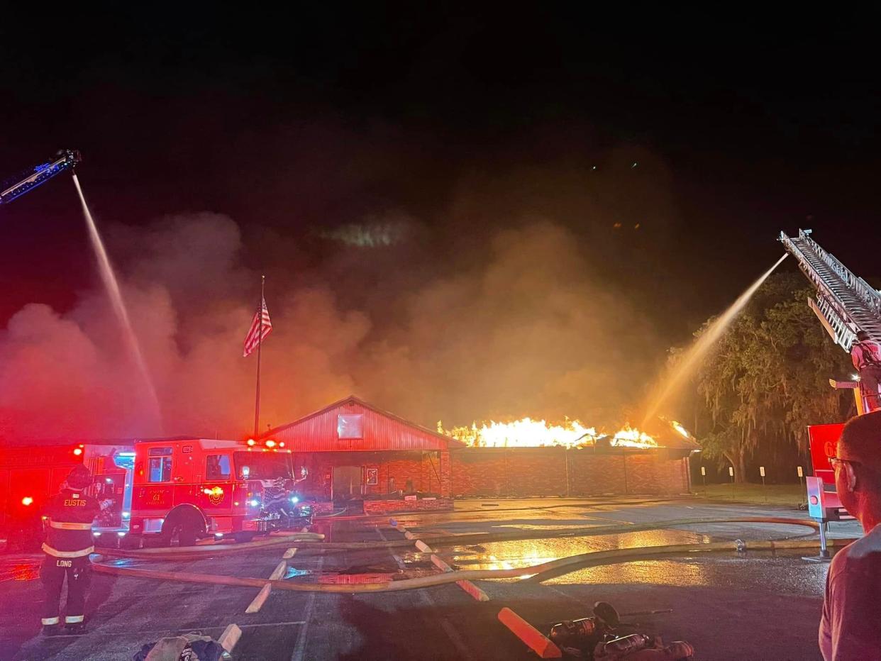 Leesburg Fire Rescue battles the blaze at Masonic Lodge 58 on June 14, 2023.