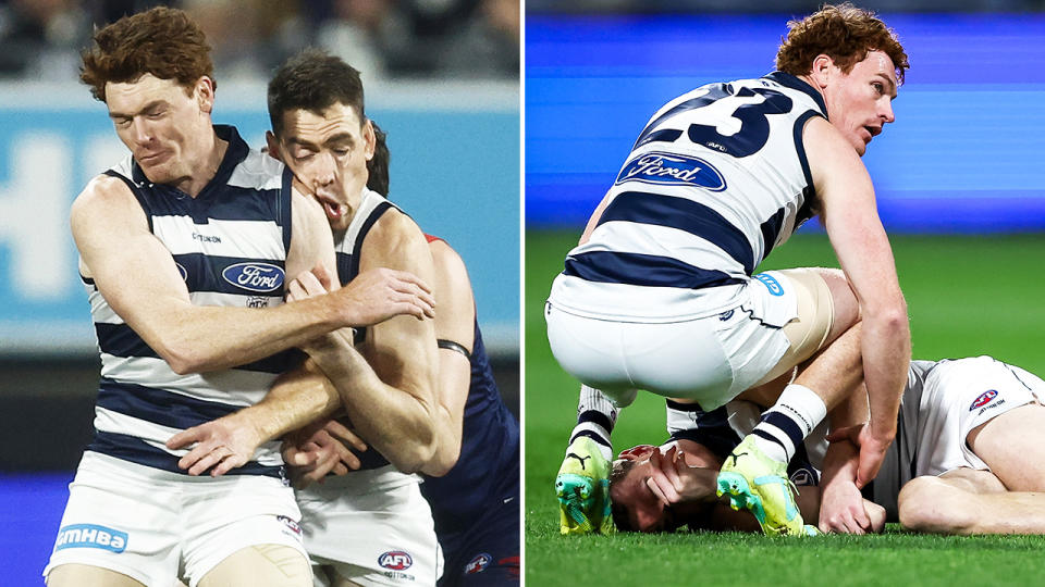 Jeremy Cameron was stretchered off the ground and held in hospital overnight after a horror collision with Geelong teammate Gary Rohan. Pictures: Getty Images