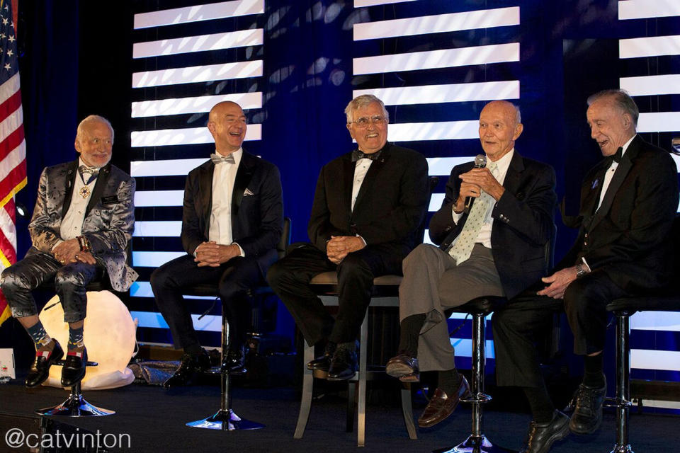 Space pioneers reflect on the past and the future at the Kennedy Space Center gala, left to right: Buzz Aldrin, Jeff Bezos, Jack Schmitt, Michael Collins and Walt Cunningham. <cite>Cat Vinton</cite>