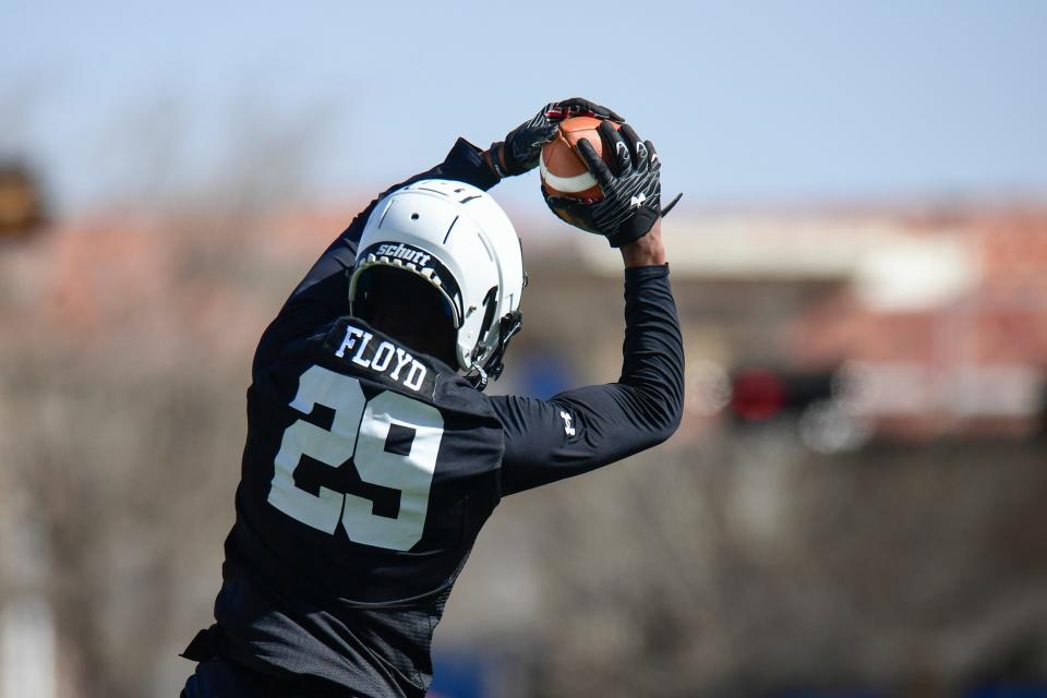 Texas Tech's Nate Floyd (29) catches a pass during spring football practice on Monday, March 15, 2021, at the Texas Tech Sports Performance Center. [Justin Rex/For A-J Media]