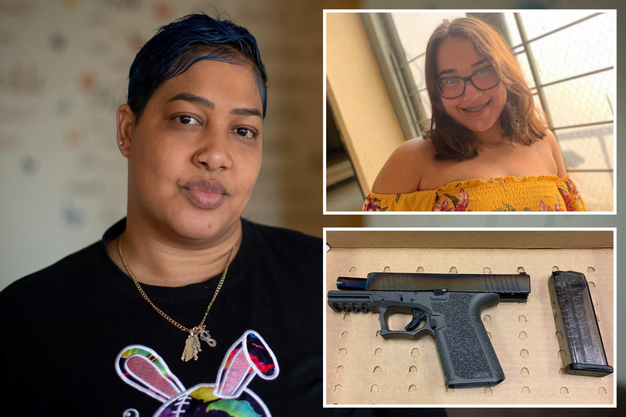 Left, Yanely Henriquez, mom of Angellyh Yambo, seen at top right. Bottom right inset of gun used in Yambo's murder.