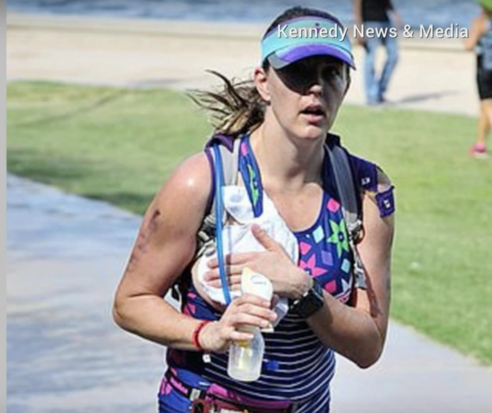 Mother-of-two Jaime Sloan completed an Arizona Ironman competition while pumping breast milk. (Image: YouTube/Kennedy News & Media)