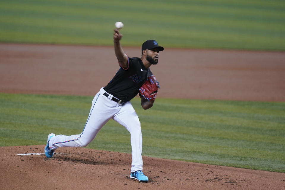 Miami Marlins' Sandy Alcantara delivers a pitch during the first inning of a baseball game against the Atlanta Braves, Friday, June 11, 2021, in Miami. (AP Photo/Wilfredo Lee)