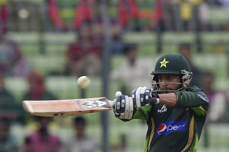 Pakistan cricketer Saad Nasim plays a shot during the second One Day International cricket match between Bangladesh and Pakistan at the Sher-e-Bangla National Cricket Stadium in Dhaka on April 19, 2015