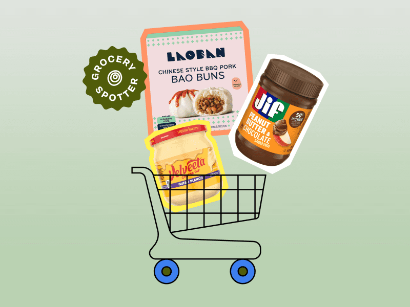 Graphic collage of three new grocery products piling up into a grocery cart