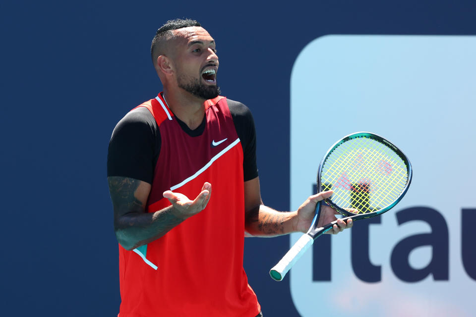 Nick Kyrgios, pictured here after receiving a code violation from Carlos Bernardes.