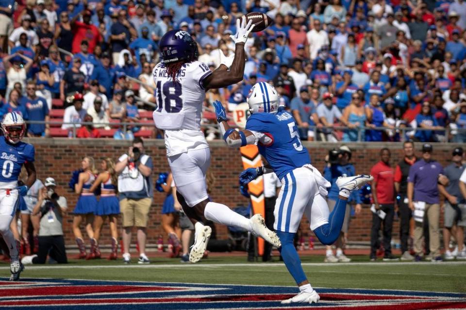 TCU wide receiver Savion Williams secures a touchdown on Saturday, Sept. 24, 2022, at the Gerald Ford Stadium in Southern Methodist University in Dallas, Texas.