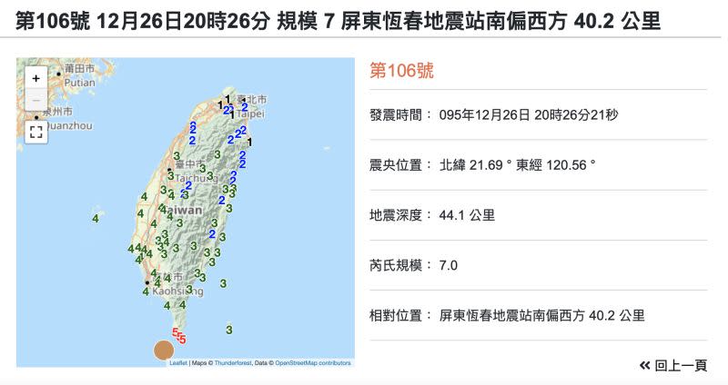 ▲氣象局前局長辛在勤認為，今日西南外海地震，很可能是2006年恆春外海連續發生2起規模7.0強震之後的應力調整。（圖／翻攝中央氣象局官網）