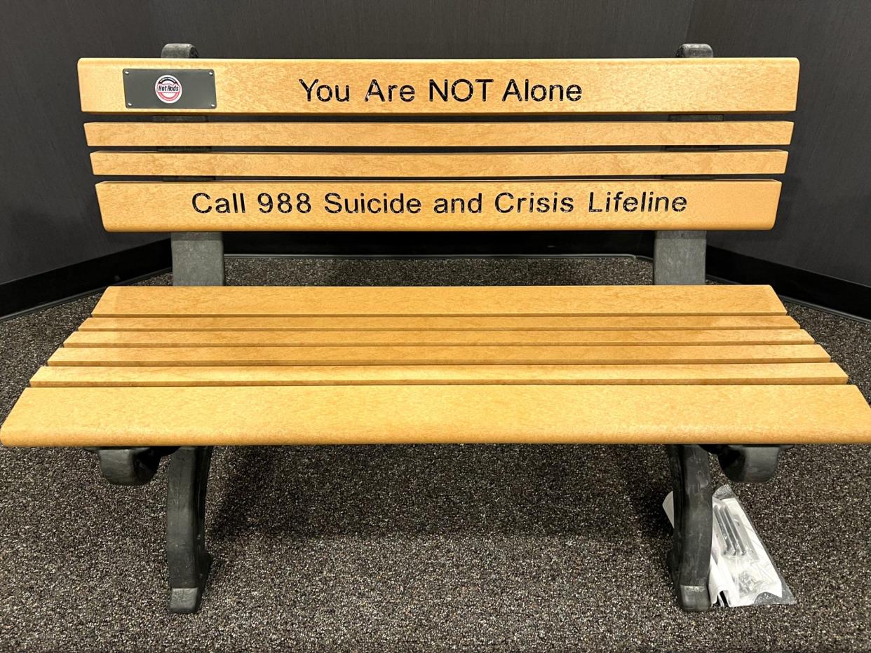 A Buddy Bench is shown. Hot Rods Motorcycle Awareness & Suicide Prevention Foundation has purchased 11 benches for area schools. It plans to purchase more.