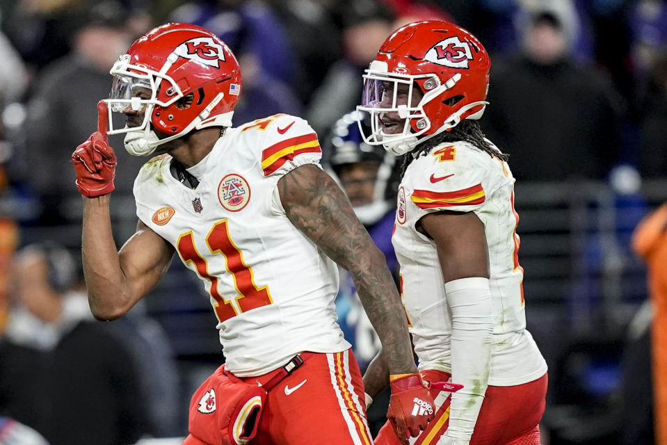 Kansas City Chiefs wide receiver Marquez Valdes-Scantling (11) celebrates his catch against the Baltimore Ravens during the second half of an AFC Championship NFL football game, Sunday, Jan. 28, 2024, in Baltimore. (AP Photo/Alex Brandon)