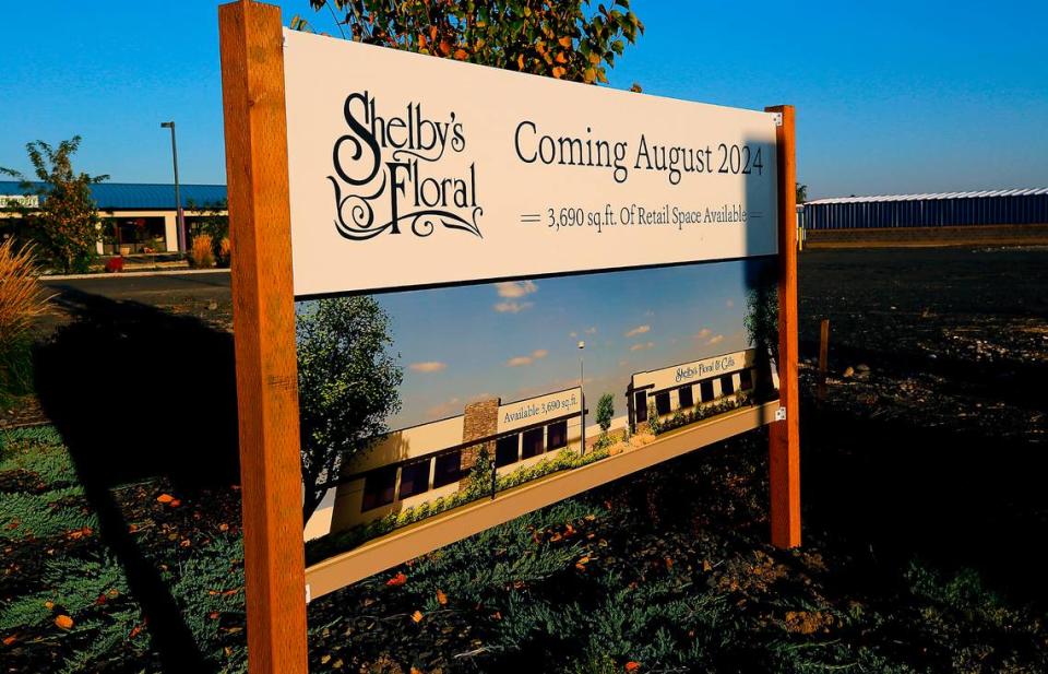 A sign isat 6018 W. Clearwater Ave. announces the new building for Shelby’s Floral and additional retail space available in mid- 2024.