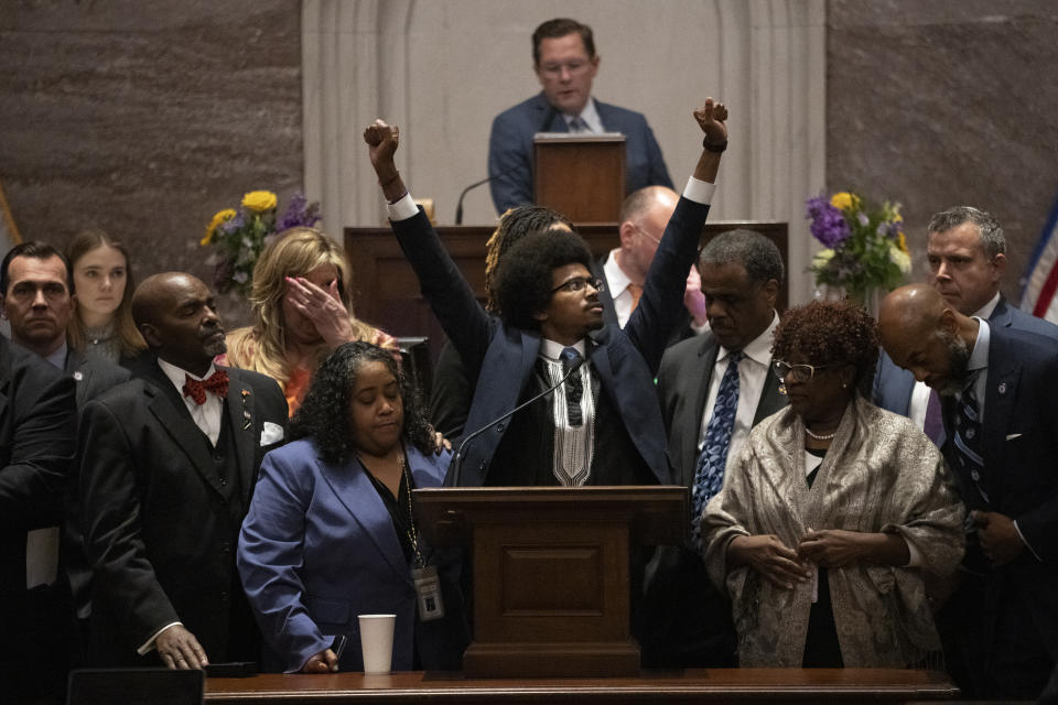 Former Rep. Justin Pearson, D-Memphis, delivers his final remarks on the floor of the House chamber as he is expelled from the Legislature on Thursday