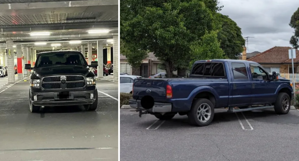 Left, one truck parks over two parking spaces in an underground Coles car park. Right, another blue truck parkings over three parking bays.