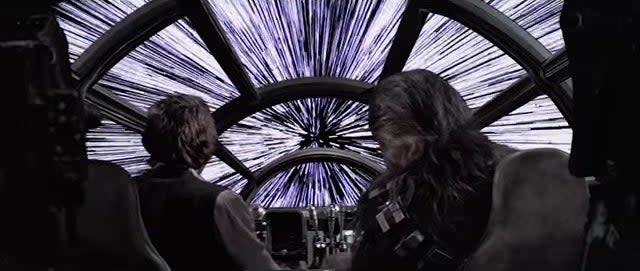 Han Solo and Chewbacca going into hyperspace in "Star Wars: Episode IV - A New Hope"