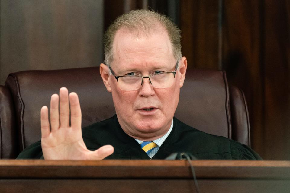 Judge Timothy Walmsley speaks during a motions hearing in the trial of the men charged with killing Ahmaud Arbery at the Gwynn County Superior Court on Tuesday, Oct. 26, 2021 in Brunswick, Ga.