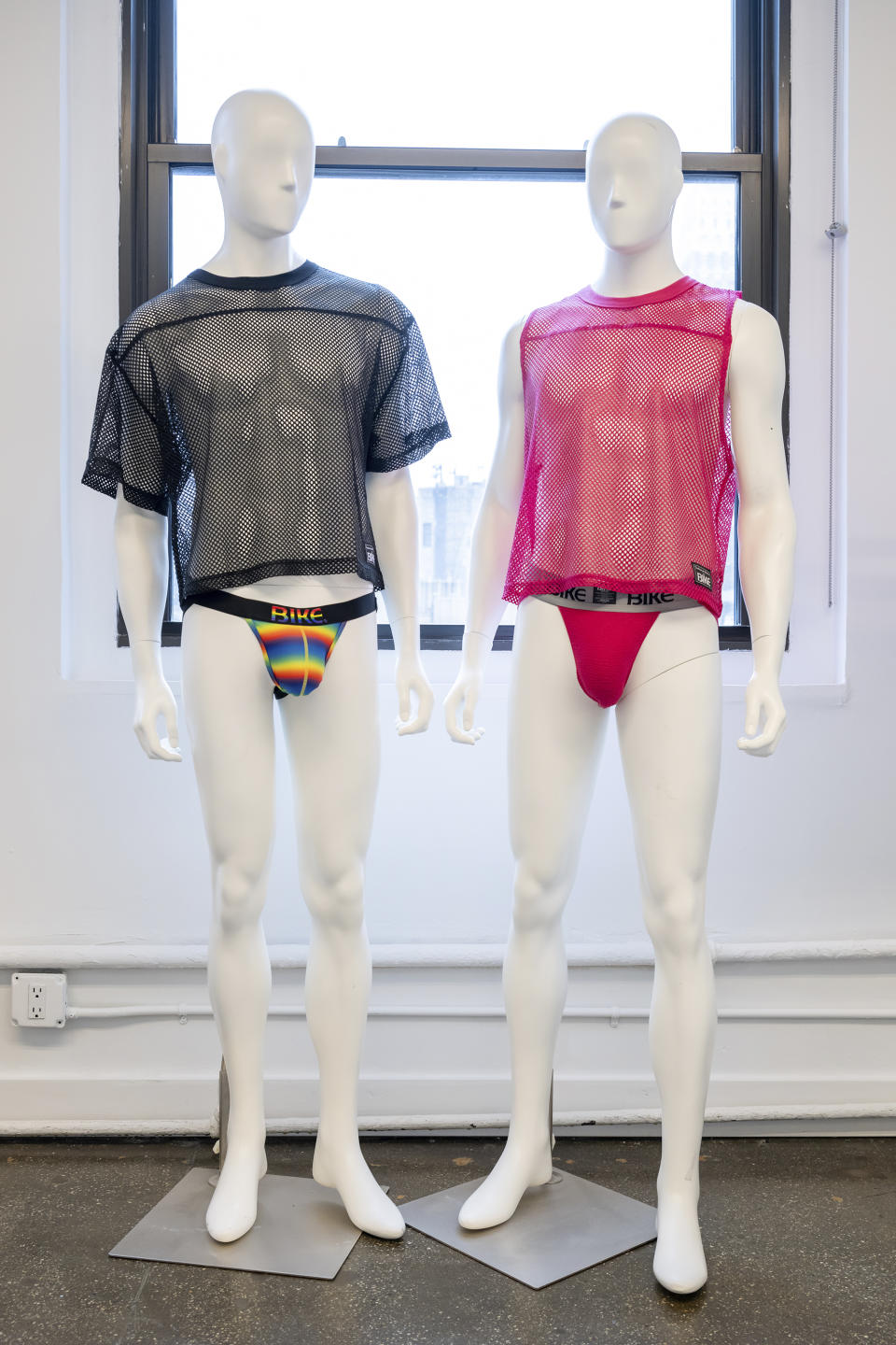 This image released by BIKE Athletic shows jockstraps at a showroom in New York on March 6, 2024. (Andrew Werner Photography for BIKE Athletic via AP)