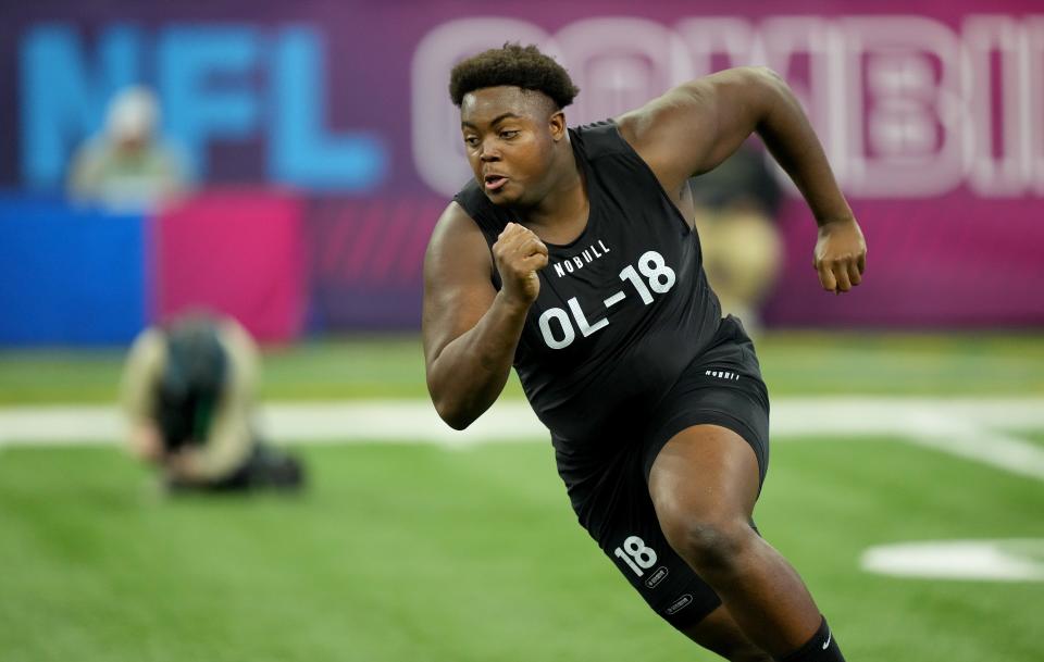 UCLA offensive lineman Jon Gaines II (OL18) during the NFL Scouting Combine at Lucas Oil Stadium in Indianapolis on March 5, 2023.