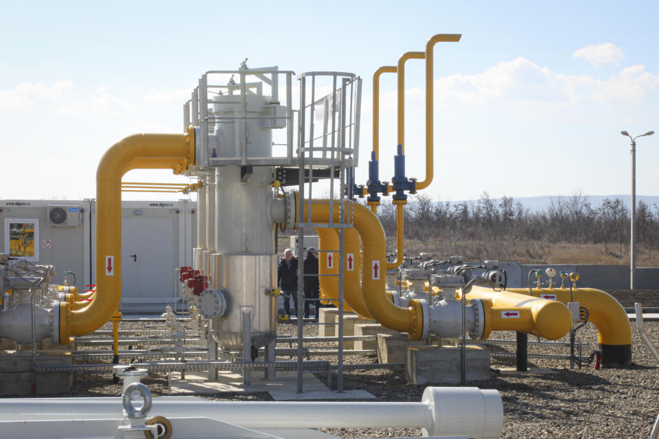 Pipelines of the national natural gas distribution network outside Ungheni, Moldova, March 4, 2015. The country faces a looming natural gas supply shortage this winter after it failed to renew a long-term contract with Russia, as on Tuesday, Oct. 26, 2021, the former Soviet republic received a million cubic meters of gas from Poland, the first time in history it has turned to a non-Russian supplier, amid increasing geopolitical tensions as Moldova looks to forge closer ties with the European Union after for years being under strong Russian influence.(AP Photo/Aurel Obreja)