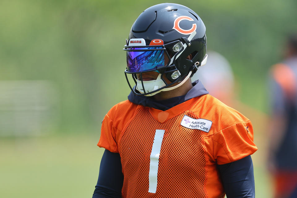 LAKE FOREST, ILLINOIS – JUNE 07: Justin Fields #1 of the Chicago Bears looks on during OTA’s at Halas Hall on June 07, 2023 in Lake Forest, Illinois. (Photo by Michael Reaves/Getty Images) ORG XMIT: 775981496 ORIG FILE ID: 1496730488