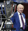 Tennis great Rod Laver stands next to the Laver Cup during opening ceremonies for Laver Cup tennis, Friday, Sept. 24, 2021, in Boston. (AP Photo/Elise Amendola)