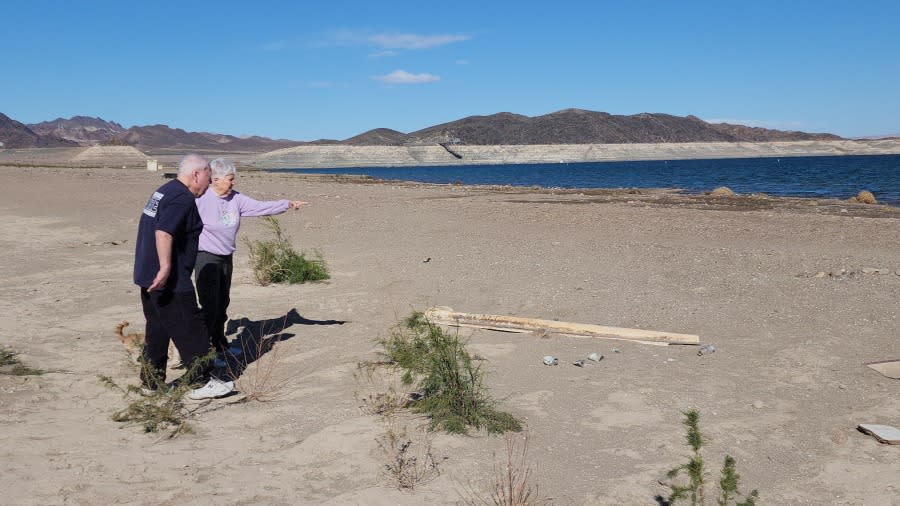 Steve Buckalew and his wife Virginia, of Lake Havasu City, Ariz, saw the speedboat he crashed at Lake Mead for the first time in 46 years. (Photo: Duncan Phenix – KLAS)