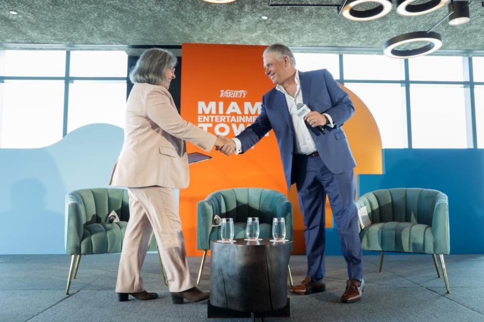 MIAMI, FLORIDA - APRIL 13: Daniella Levine Cava and Nelson Albareda speak onstage during Variety's Miami Entertainment Town Brunch Presented By CN Bank on April 13, 2023 in Miami, Florida. (Photo by John Parra/Variety via Getty Images)